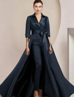 Two Piece Jumpsuit / Pantsuit Mother of the Bride Formal Wedding Guest Elegant Shirt Collar Ankle Length Satin Half Sleeve with Bow(s)