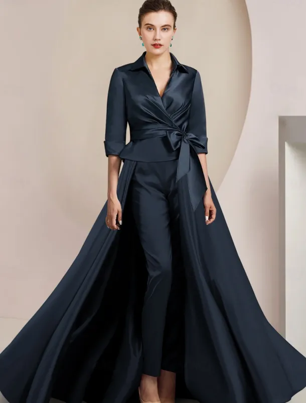Two Piece Jumpsuit / Pantsuit Mother of the Bride Formal Wedding Guest Elegant Shirt Collar Ankle Length Satin Half Sleeve with Bow(s)
