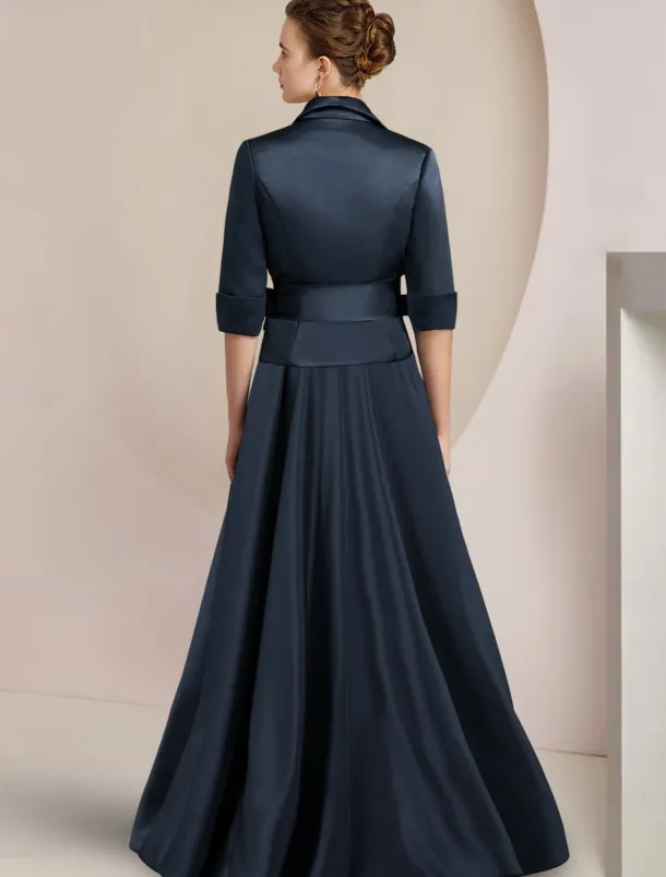 Two Piece Jumpsuit / Pantsuit Mother of the Bride Formal Wedding Guest Elegant Shirt Collar Ankle Length Satin Half Sleeve with Bow(s)