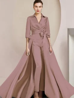 Two Piece Jumpsuit / Pantsuit Mother of the Bride Formal Wedding Guest Elegant Shirt Collar Ankle Length Satin Half Sleeve with Bow(s)