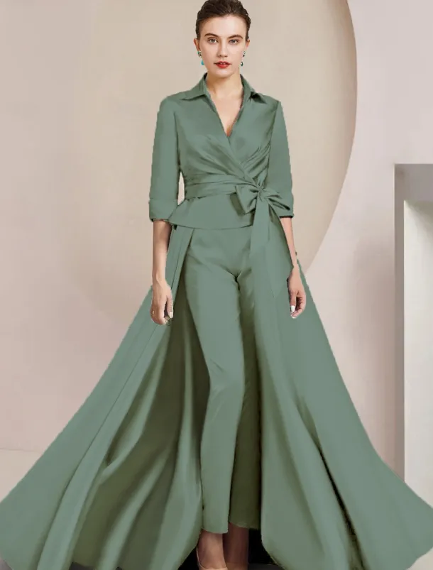 Two Piece Jumpsuit / Pantsuit Mother of the Bride Formal Wedding Guest Elegant Shirt Collar Ankle Length Satin Half Sleeve with Bow(s)