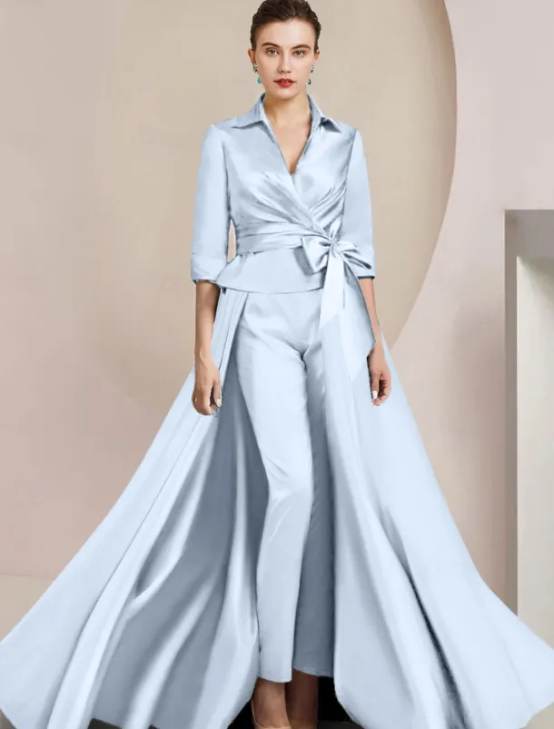 Two Piece Jumpsuit / Pantsuit Mother of the Bride Formal Wedding Guest Elegant Shirt Collar Ankle Length Satin Half Sleeve with Bow(s)