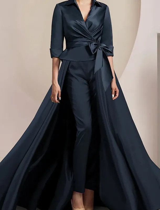 Two Piece Jumpsuit / Pantsuit Mother of the Bride Formal Wedding Guest Elegant Shirt Collar Ankle Length Satin Half Sleeve with Bow(s)
