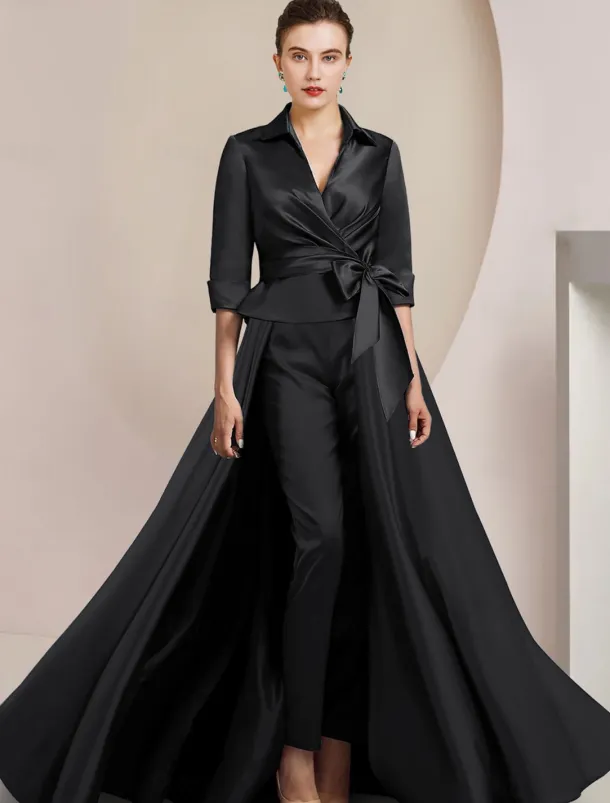 Two Piece Jumpsuit / Pantsuit Mother of the Bride Formal Wedding Guest Elegant Shirt Collar Ankle Length Satin Half Sleeve with Bow(s)