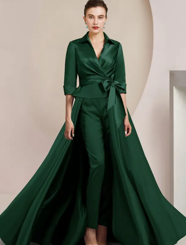 Two Piece Jumpsuit / Pantsuit Mother of the Bride Formal Wedding Guest Elegant Shirt Collar Ankle Length Satin Half Sleeve with Bow(s)