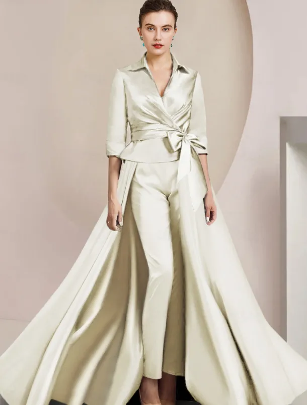 Two Piece Jumpsuit / Pantsuit Mother of the Bride Formal Wedding Guest Elegant Shirt Collar Ankle Length Satin Half Sleeve with Bow(s)