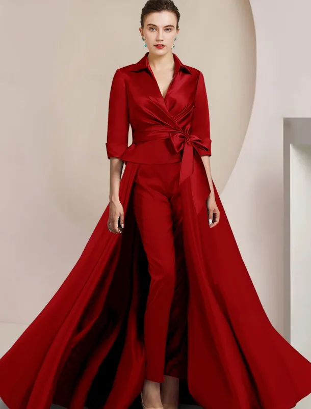 Two Piece Jumpsuit / Pantsuit Mother of the Bride Formal Wedding Guest Elegant Shirt Collar Ankle Length Satin Half Sleeve with Bow(s)