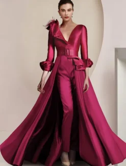 Two Piece Jumpsuit / Pantsuit Mother of the Bride Formal Wedding Guest Elegant Party V Neck Ankle Length Satin 3/4 Length Sleeve with Feather Sash / Ribbon free custom size