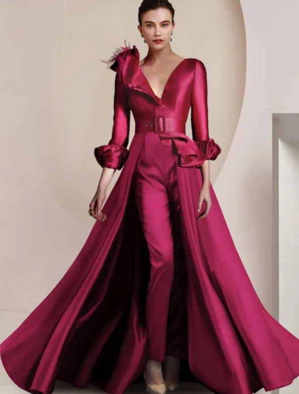 Two Piece Jumpsuit / Pantsuit Mother of the Bride Formal Wedding Guest Elegant Party V Neck Ankle Length Satin 3/4 Length Sleeve with Feather Sash / Ribbon free custom size
