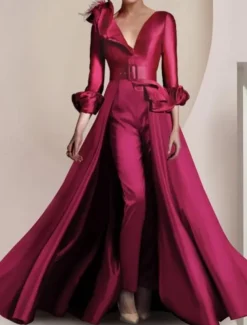 Two Piece Jumpsuit / Pantsuit Mother of the Bride Formal Wedding Guest Elegant Party V Neck Ankle Length Satin 3/4 Length Sleeve with Feather Sash / Ribbon free custom size