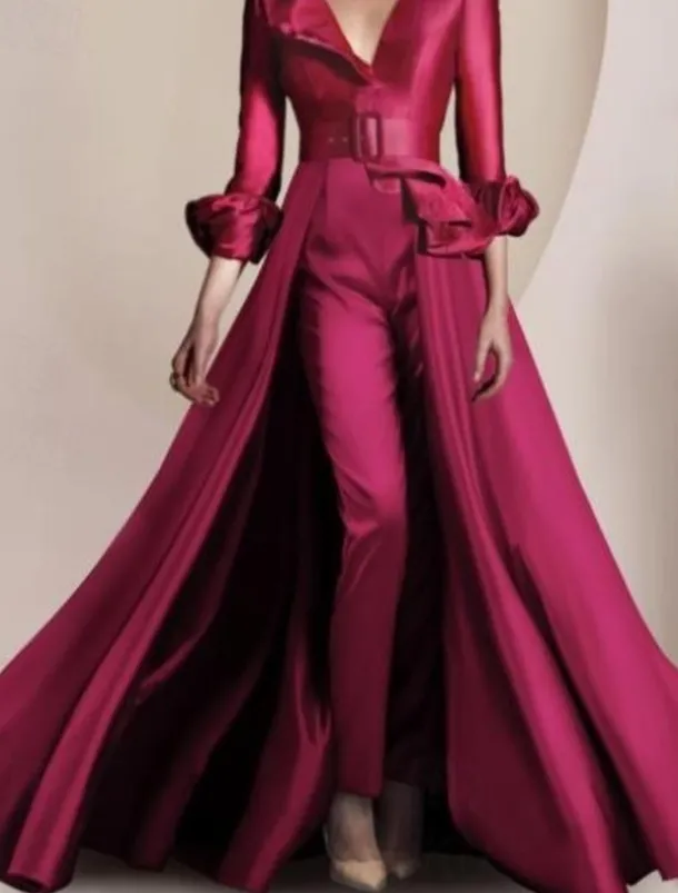 Two Piece Jumpsuit / Pantsuit Mother of the Bride Formal Wedding Guest Elegant Party V Neck Ankle Length Satin 3/4 Length Sleeve with Feather Sash / Ribbon free custom size