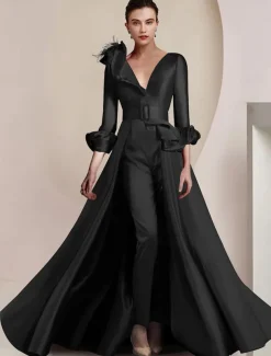 Two Piece Jumpsuit / Pantsuit Mother of the Bride Formal Wedding Guest Elegant Party V Neck Ankle Length Satin 3/4 Length Sleeve with Feather Sash / Ribbon free custom size