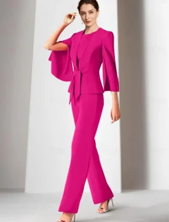Two Piece Jumpsuits Mother of the Bride Wedding Guest Elegant Wrap Included Jewel Neck Ankle Length Stretch Chiffon 3/4 Length Sleeve with Bandage free custom size