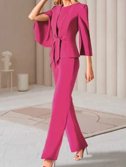 Two Piece Jumpsuits Mother of the Bride Wedding Guest Elegant Wrap Included Jewel Neck Ankle Length Stretch Chiffon 3/4 Length Sleeve with Bandage free custom size