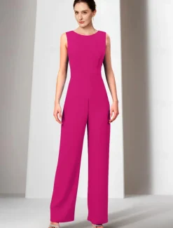Two Piece Jumpsuits Mother of the Bride Wedding Guest Elegant Wrap Included Jewel Neck Ankle Length Stretch Chiffon 3/4 Length Sleeve with Bandage free custom size