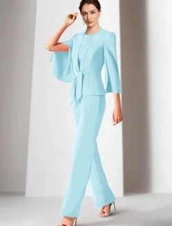 Two Piece Jumpsuits Mother of the Bride Wedding Guest Elegant Wrap Included Jewel Neck Ankle Length Stretch Chiffon 3/4 Length Sleeve with Bandage free custom size