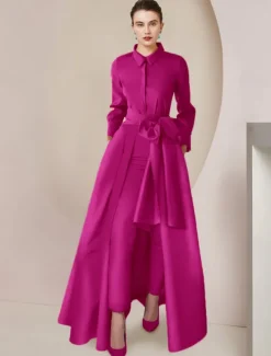 Two Piece Jumpsuits Mother of the Bride Formal Wedding Guest Elegant Party Shirt Collar Floor Length Taffeta Long Sleeve with Bow(s) Solid Color free custom size
