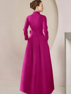 Two Piece Jumpsuits Mother of the Bride Formal Wedding Guest Elegant Party Shirt Collar Floor Length Taffeta Long Sleeve with Bow(s) Solid Color free custom size