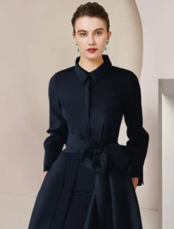 Two Piece Jumpsuits Mother of the Bride Formal Wedding Guest Elegant Party Shirt Collar Floor Length Taffeta Long Sleeve with Bow(s) Solid Color free custom size