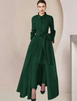 Two Piece Jumpsuits Mother of the Bride Formal Wedding Guest Elegant Party Shirt Collar Floor Length Taffeta Long Sleeve with Bow(s) Solid Color free custom size