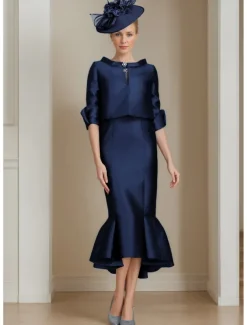 Two Piece Mermaid Mother of the Bride Dress Formal Wedding Guest Elegant Jewel Neck Tea Length Satin Half Sleeve with Buttons Race Day Dress free custom size