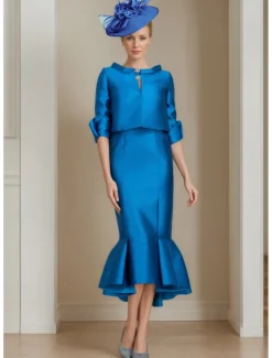 Two Piece Mermaid Mother of the Bride Dress Formal Wedding Guest Elegant Jewel Neck Tea Length Satin Half Sleeve with Buttons Race Day Dress free custom size