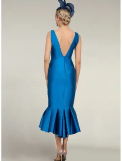 Two Piece Mermaid Mother of the Bride Dress Formal Wedding Guest Elegant Jewel Neck Tea Length Satin Half Sleeve with Buttons Race Day Dress free custom size