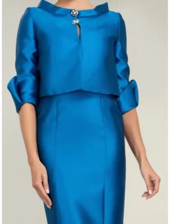 Two Piece Mermaid Mother of the Bride Dress Formal Wedding Guest Elegant Jewel Neck Tea Length Satin Half Sleeve with Buttons Race Day Dress free custom size