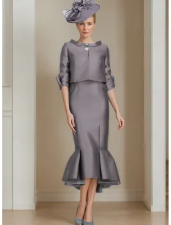 Two Piece Mermaid Mother of the Bride Dress Formal Wedding Guest Elegant Jewel Neck Tea Length Satin Half Sleeve with Buttons Race Day Dress free custom size