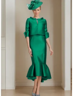 Two Piece Mermaid Mother of the Bride Dress Formal Wedding Guest Elegant Jewel Neck Tea Length Satin Half Sleeve with Buttons Race Day Dress free custom size