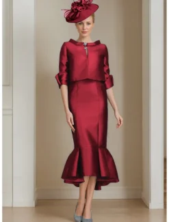 Two Piece Mermaid Mother of the Bride Dress Formal Wedding Guest Elegant Jewel Neck Tea Length Satin Half Sleeve with Buttons Race Day Dress free custom size