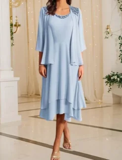 Two Piece Mother of the Bride Dress Formal Wedding Guest Elegant Vintage Crew Neck Tea Length Chiffon Half Sleeve Jacket Dresses with Sequin Cascading Ruffles