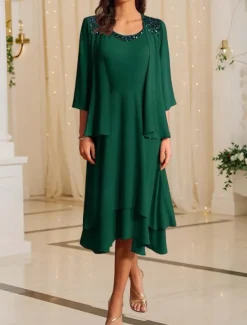 Two Piece Mother of the Bride Dress Formal Wedding Guest Elegant Vintage Crew Neck Tea Length Chiffon Half Sleeve Jacket Dresses with Sequin Cascading Ruffles