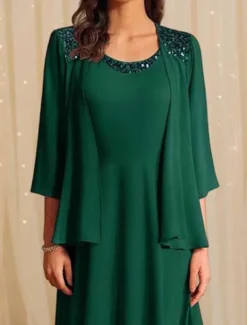 Two Piece Mother of the Bride Dress Formal Wedding Guest Elegant Vintage Crew Neck Tea Length Chiffon Half Sleeve Jacket Dresses with Sequin Cascading Ruffles