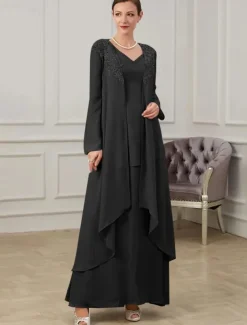 Two Piece Mother of the Bride Dress Formal Wedding Guest Floor Length Long Sleeve V Neck Chiffon with Ruffles Appliques