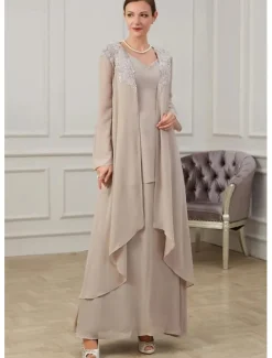 Two Piece Mother of the Bride Dress Formal Wedding Guest Floor Length Long Sleeve V Neck Chiffon with Ruffles Appliques
