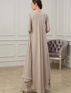Two Piece Mother of the Bride Dress Formal Wedding Guest Floor Length Long Sleeve V Neck Chiffon with Ruffles Appliques