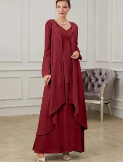 Two Piece Mother of the Bride Dress Formal Wedding Guest Floor Length Long Sleeve V Neck Chiffon with Ruffles Appliques
