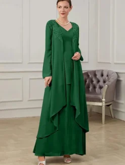 Two Piece Mother of the Bride Dress Formal Wedding Guest Floor Length Long Sleeve V Neck Chiffon with Ruffles Appliques