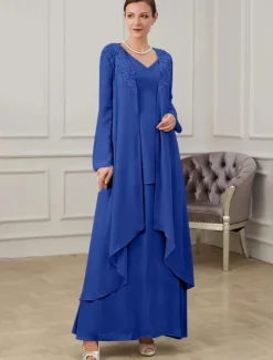 Two Piece Mother of the Bride Dress Formal Wedding Guest Floor Length Long Sleeve V Neck Chiffon with Ruffles Appliques