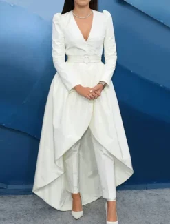 Two Piece Pantsuit Evening Gown Elegant Tuxedo Wedding Guest Engagement Floor Length Long Sleeve V Neck Fall Wedding Guest Satin with Sash / Ribbon Overskirt Appliques free custom size