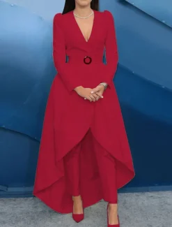 Two Piece Pantsuit Evening Gown Elegant Tuxedo Wedding Guest Engagement Floor Length Long Sleeve V Neck Fall Wedding Guest Satin with Sash / Ribbon Overskirt Appliques free custom size