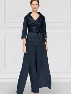 Two Piece Pantsuit Mother of the Bride Wedding Guest Elegant Simple Tailored Lapel Floor Length Chiffon Stretch Satin Long Sleeve with Sash / Ribbon Solid Color