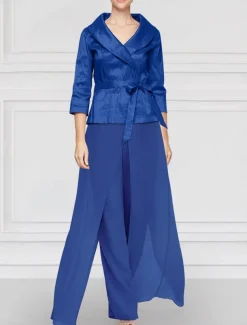 Two Piece Pantsuit Mother of the Bride Wedding Guest Elegant Simple Tailored Lapel Floor Length Chiffon Stretch Satin Long Sleeve with Sash / Ribbon Solid Color