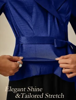 Two Piece Pantsuit Mother of the Bride Wedding Guest Elegant Simple Tailored Lapel Floor Length Chiffon Stretch Satin Long Sleeve with Sash / Ribbon Solid Color