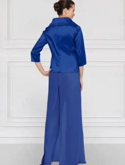 Two Piece Pantsuit Mother of the Bride Wedding Guest Elegant Simple Tailored Lapel Floor Length Chiffon Stretch Satin Long Sleeve with Sash / Ribbon Solid Color