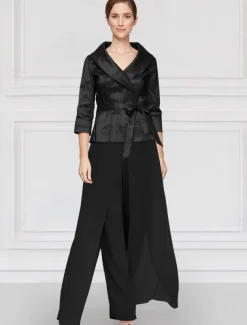 Two Piece Pantsuit Mother of the Bride Wedding Guest Elegant Simple Tailored Lapel Floor Length Chiffon Stretch Satin Long Sleeve with Sash / Ribbon Solid Color