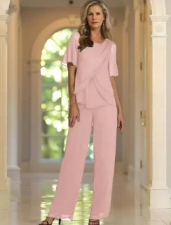 Two Piece Pantsuit Mother of the Bride Dress Elegant Crew Neck Floor Length Chiffon Short Sleeve with Lace Embroidery Cascading Ruffles