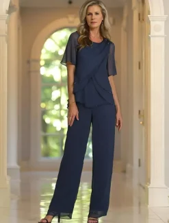 Two Piece Pantsuit Mother of the Bride Dress Elegant Crew Neck Floor Length Chiffon Short Sleeve with Lace Embroidery Cascading Ruffles