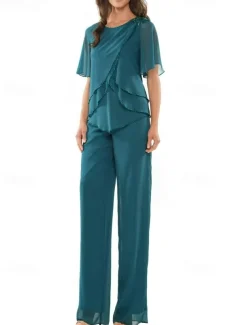 Two Piece Pantsuit Mother of the Bride Dress Elegant Crew Neck Floor Length Chiffon Short Sleeve with Lace Embroidery Cascading Ruffles